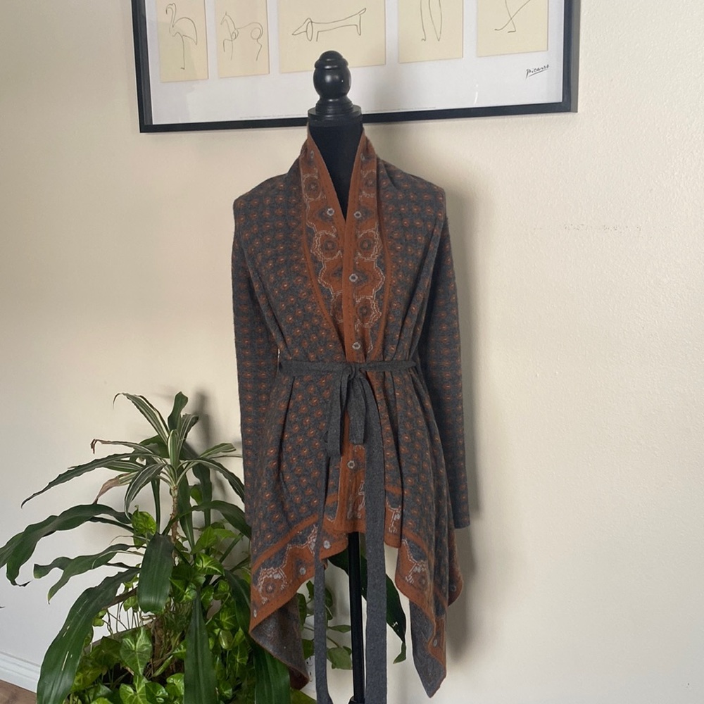Anthropologie Field Flower Sweater Coat L Belted Cascading  Charcoal Gray Camel